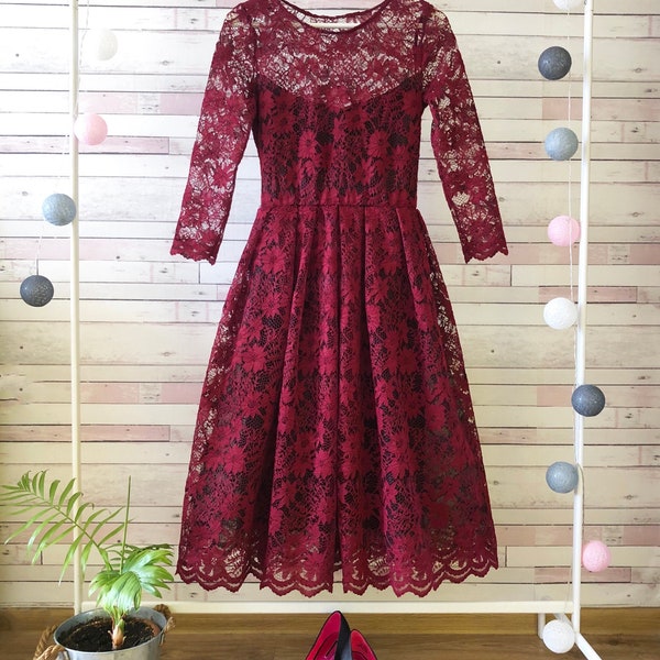 Burgundy Tea Length Lace Dress / Marsala Knee Length Lace Dress / Bridesmaids Dress / Women's Dress by Fabra Moda Studio / D123