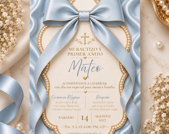 Mi Bautizo y Primer Añito Invitation, Spanish Baptism First Birthday Invite Boy, Blue Gold Bautizo Canva Template