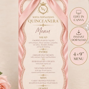 Pink Bow Quinceañera menymall, XV Años Menu, Blush Pearl Border (Digital Nedladdning)