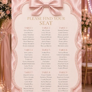 May include: A vertical wedding seating chart sign featuring a soft pink satin-textured background, a large central satin bow, and a decorative border accented with white pearls. The text reads PLEASE FIND YOUR SEAT followed by nine tables.