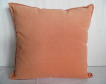 May include: A peach-colored throw pillow with a soft, velvety texture. The pillow is square-shaped and has a simple, understated design.