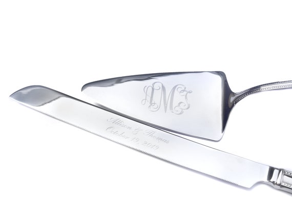 Personalized Silver Wedding Cake Knife Set, Engraved Cake Server
