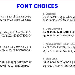 Pu&ograve; includere: Un grafico con otto diverse scelte di font, etichettate da 1 a 8. Ogni scelta di font &egrave; visualizzata con l'alfabeto in minuscolo, seguito da numeri e segni di punteggiatura. Le scelte di font sono Gentium Basic, Poor Richard, Gotham, Sabatons, Blackjack, Duke Charming, Announcement Roman e Bible Script.