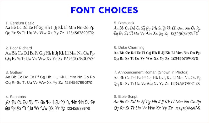 Pu&ograve; includere: Un grafico con otto diverse scelte di font, etichettate da 1 a 8. Ogni scelta di font &egrave; visualizzata con l'alfabeto in minuscolo, seguito da numeri e segni di punteggiatura. Le scelte di font sono Gentium Basic, Poor Richard, Gotham, Sabatons, Blackjack, Duke Charming, Announcement Roman e Bible Script.