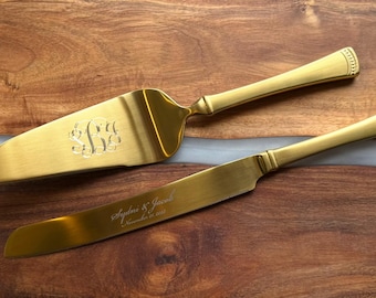 Juego de cuchillos para pastel de bodas de oro personalizado, juego de servir grabado