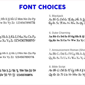 May include: A white background displays a blue header with the text "FONT CHOICES." Below, eight different font styles are shown, each with a sample of the alphabet, numbers, and symbols. The fonts vary in style, from serif to script.