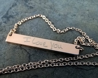Engraved Handwritten Necklace,  Personalized Handwriting Jewelry, Custom Bar, Actual handwriting engraved, Real Hand Lettering Gift, Script