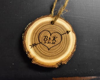 Personalized Wood Ornament, Wood Slice, House Warming Gift, Carved Wood Initials, Engraved Ornament, Anniversary Gift, Wedding Gift, Rustic