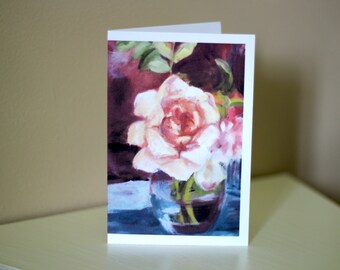 Blank 4x6 White Rose in Vase Greeting/Note Card, Print of Original Oil Painting, Envelope/Cellophane Sleeve