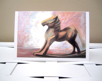 Blank 4x6 Rocking Horse Greeting/Note Card, Kid’s Birthday, Print of Original Oil Painting Artwork, Envelope/Cellophane Sleeve