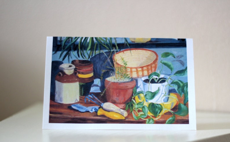 Blank 4x6 Greeting/Note Card of Potting Table, Print of Original Oil Painting, Envelope/Cellophane Sleeve image 1