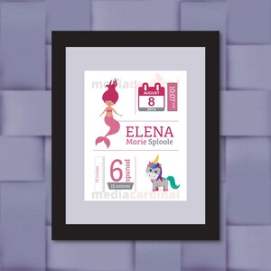 personalized baby girl decor,  mermaid and unicorn birth stats, baby girl nursery art, digital download, custom baby girl birth print