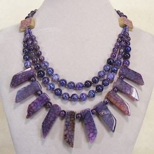 Multi Strand Purple Blue Agate Spikes and Amethyst Statement Necklace Big and Bold Spike Gemstone Bib Necklace Chunky Spike Gemstone Necklac