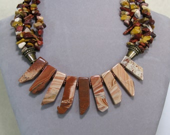 Multi Strand Red Creek Jasper Stick and Mookaite Statement Necklace Big and Bold Jasper Chunky Gemstone Necklace Boho Bib Necklace