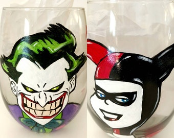 Single or set of Joker&Harley Themed handpainted coffee mugs or wine glasses