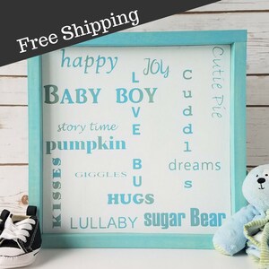 Framed Baby Boy Nursery Sign, Baby Blue Nursery Wall Art, Little Boy Room Decor, Boy Word Collage, Blue Baby Room, Story Time Sign, Boy Room
