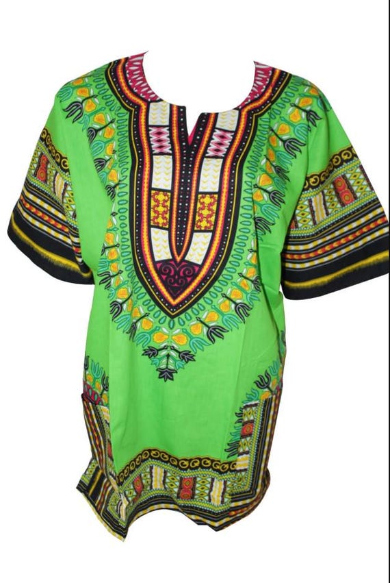Chemise dashiki en coton vert citron haut pour fête tribale