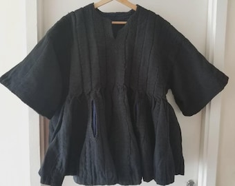 Quality Short Sleeves Black Northern Ghana Men Hand Woven Traditional Smock, Fugu Top/Batakari/Smock