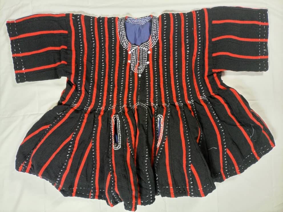 Red and Black  Short Sleeve Northern Ghana Men Hand Woven Traditional Smock, Fugu Top/Batakari/Smock