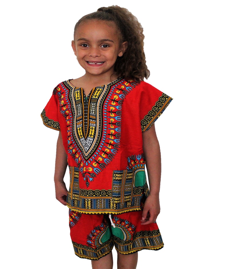 Red Kids Unisex Dashiki Africa Tribal Print Festival Kaftans Causal Set Shirt and Short