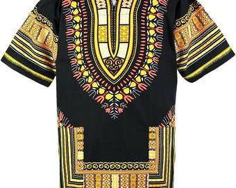 Dashiki negro y amarillo: caftán unisex de algodón con estampado africano