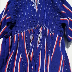 Traditional Wedding, Parties Quality Blue and Red Strappy Northern Ghana Men Hand Woven Smock, Fugu Top/Batakari/Smock