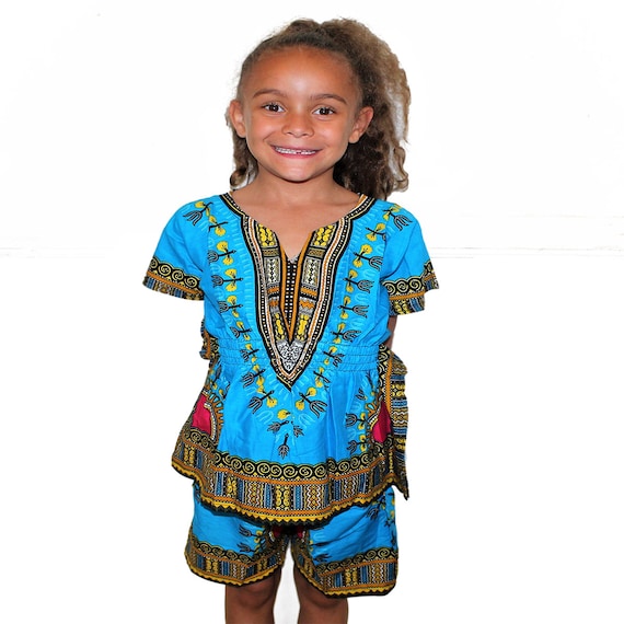 Blue Girls Elastic Waist Dashiki Africa Tribal Print Festival Kaftans  Causal Set Shirt and Short
