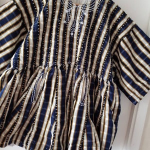 Wedding, Parties Quality Short Sleeve Navy Blue and Brown Strappy Northern Ghana Men Hand Woven Traditional Smock, Fugu Top/Batakari/Smock