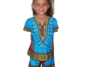 Kids Unisex Dashiki Africa Tribal Print  Festival Kaftans Causal Set Shirt and Short