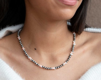 Desert Pearls Necklace with Coral, Sterling Silver Pearls Beaded Necklace, Patina Pearls Necklace, Boho Necklace Choker, Southwest Jewelry