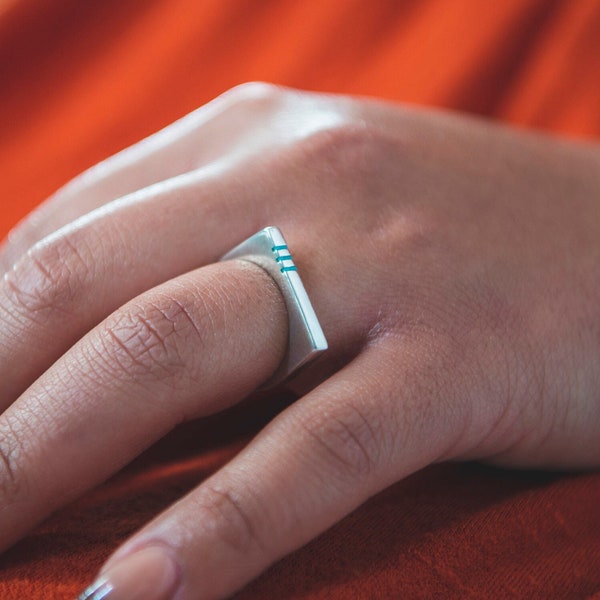 Square Ring, Sterling Silver Square Band Ring, Satin Finish Ring, Turquoise Inlay Ring, Statement Ring Silver, Silver Turquoise Ring