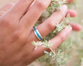 Turquoise Band Ring Sterling Silver, Silver Stacker Ring, Sterling and Turquoise Band Rings, Turquoise Ring, Genuine Turquoise Ring