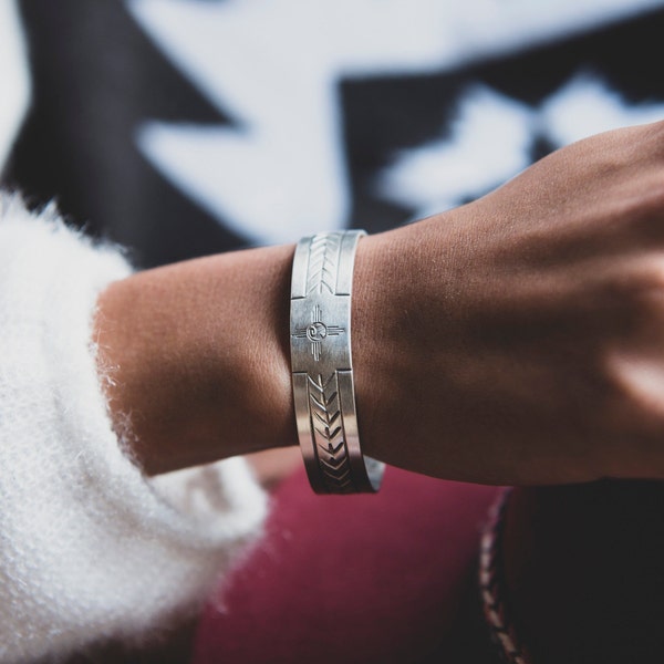 Handstamped Cuff Bracelet, Sterling Silver Stacking Bracelet, Ethical Handmade Jewelry, Zia Stamped Bracelet, Silver Southwest Bracelet