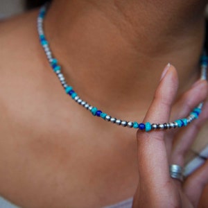 Lapis Lazuli, Turquoise, Navajo Pearls Necklace (4mm), Boho Beaded Necklace, Sterling Silver Beaded Necklace, Southwest Jewelry Necklace