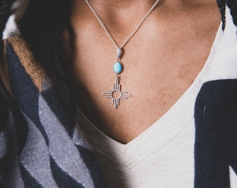 Zia Pendant Necklace, Turquoise Stone Silver Necklace, Real Turquoise Necklace, Zia Drop Necklace, Southwest Jewelry