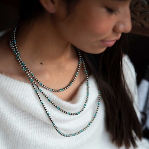 Turquoise Pearls Necklace with 5mm Sterling Silver Beads, Turquoise and Silver Necklace, Southwest Silver Beaded Necklace, Southwest Jewelry