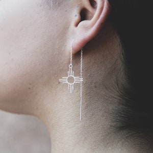 Sterling Silver Thread Earrings with Zia Symbol, Zia Sun Threader Earrings, Southwest Earrings, Zia Symbol Earrings, Zia Earrings, Southwest