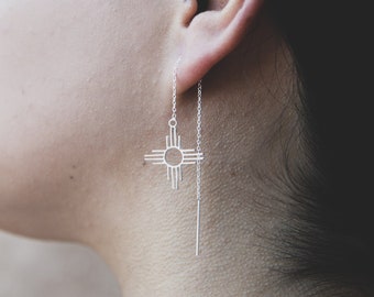 Sterling Silver Zia Symbol Threader Earrings: Southwest Dangle Jewelry