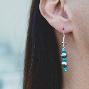 Turquoise and Sterling Silver Bead Drop Earrings, Southwest Beaded Earrings, Unique Turquoise and Silver Earrings