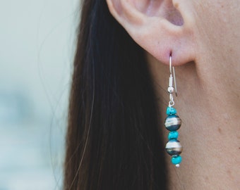 Turquoise and Sterling Silver Bead Drop Earrings, Southwest Beaded Earrings, Unique Turquoise and Silver Earrings