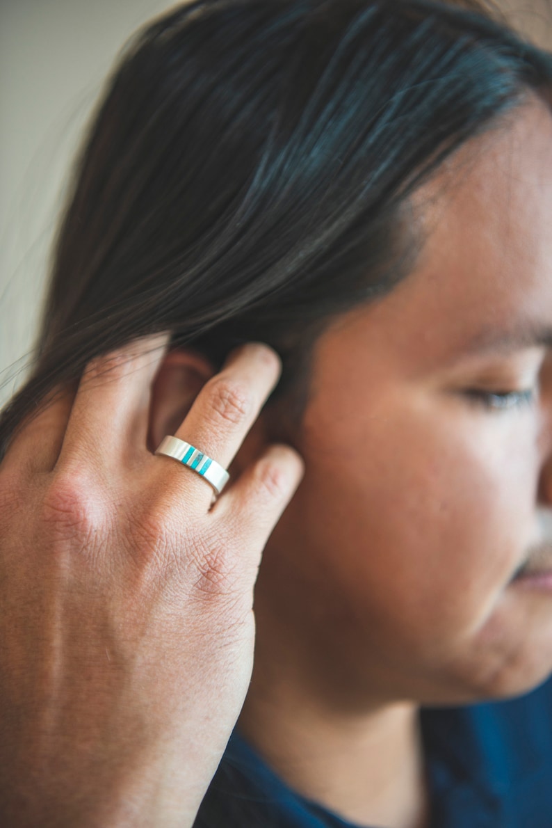 Mens Turquoise Ring, Mens Turquoise Wedding Band, Turquoise Ring Sterling Silver, Genuine Turquoise Ring, Turquoise Wedding Ring, Dad Gift image 4