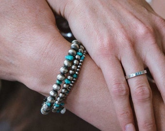 Turquoise Desert Pearls Bracelet Set, Beaded Bracelet Set, Turquoise & Silver Bracelets, Desert Pearl Stackable Bracelets, Southwest Jewelry