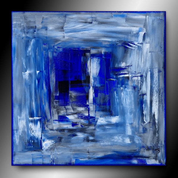 tableau abstrait peinture BLEU sur toile tendue pour décoration murale