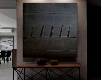 tableau monochrome noir 100 x 100 cm peinture minimaliste fait main, toile moderne tendue sur châssis bois épais