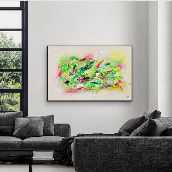 tableau abstrait peinture abstraite horizontal sur toile tendue pour décoration murale