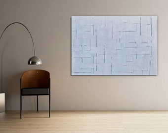 tableau abstrait peinture minimaliste fait main, monochrome blanc toile tendue sur châssis bois épais / vertical ou horizontal
