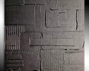 Vertical monochrome black painting, 50 x 70 cm, minimalist handmade painting, stretched canvas, thick wooden frame, art texture, unique artwork