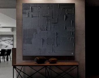 tableau monochrome noir 100 x 100 cm peinture minimaliste fait main, toile tendue sur châssis bois épais