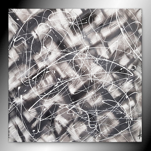tableau peinture abstraite noir et blanc " Cap" fait main, toile montée sur châssis
