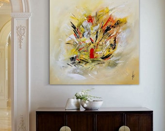 tableau abstrait peinture jaune orangé sur toile tendue pour décoration  murale d'intérieur